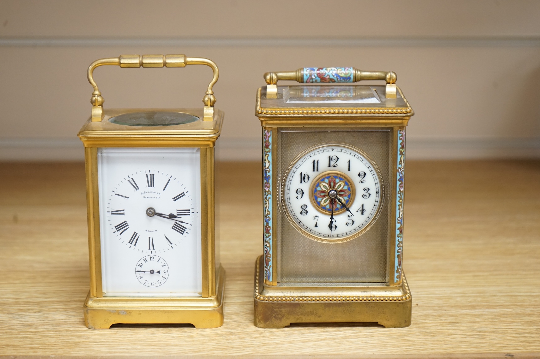 Two French carriage clocks, one champlevé enamelled, tallest 15cm